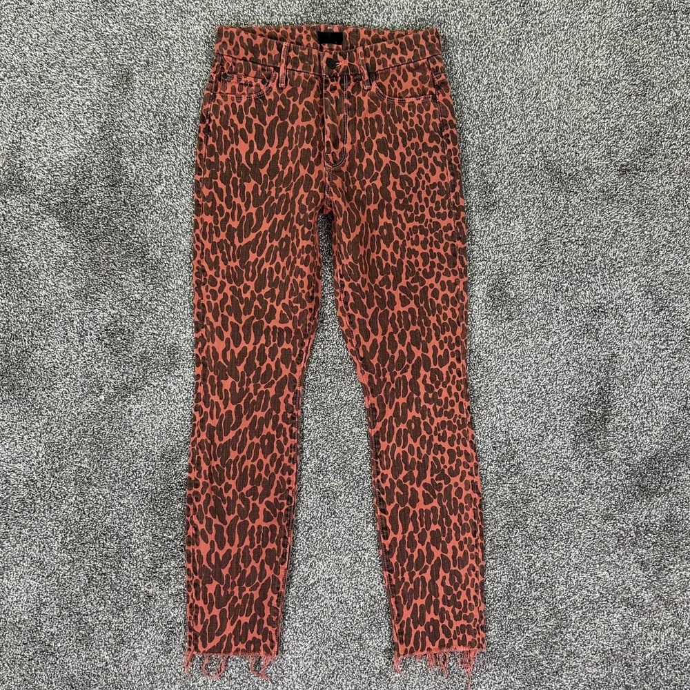 Mother High Waisted Looker Ankle Fray Animal Print Jean Women 24 Red Brown Denim